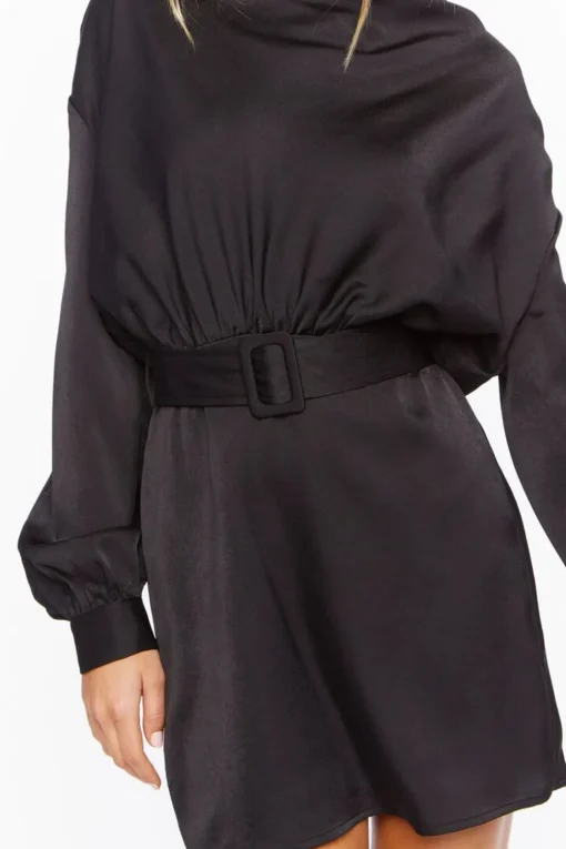 Satin Belted Drop-Sleeve Mini Dress