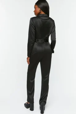 Satin Belted Long-Sleeve Jumpsuit