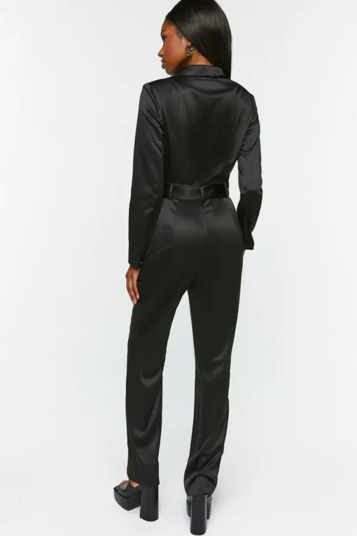 Satin Belted Long-Sleeve Jumpsuit