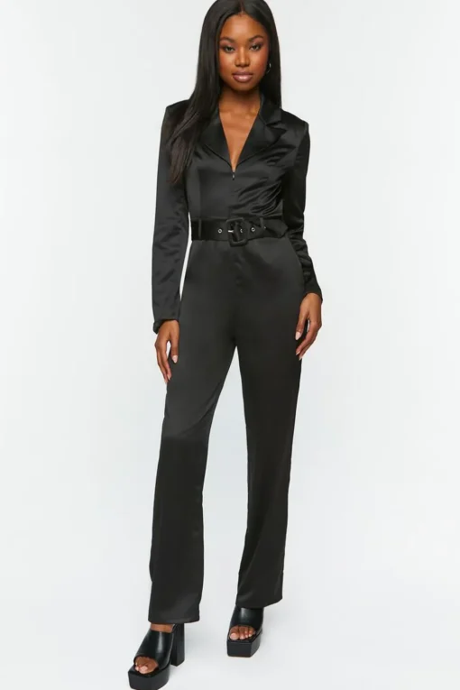Satin Belted Long-Sleeve Jumpsuit
