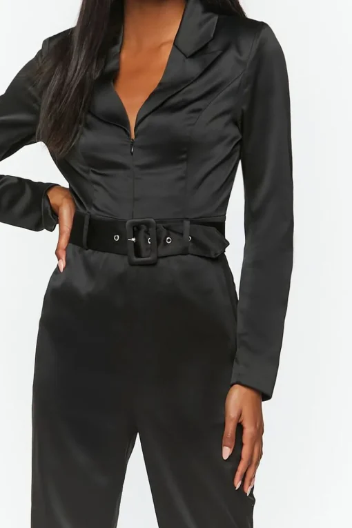 Satin Belted Long-Sleeve Jumpsuit