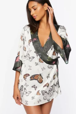 Satin Butterfly Print Robe