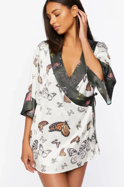 Satin Butterfly Print Robe