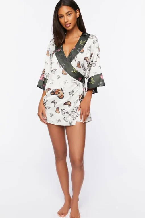 Satin Butterfly Print Robe