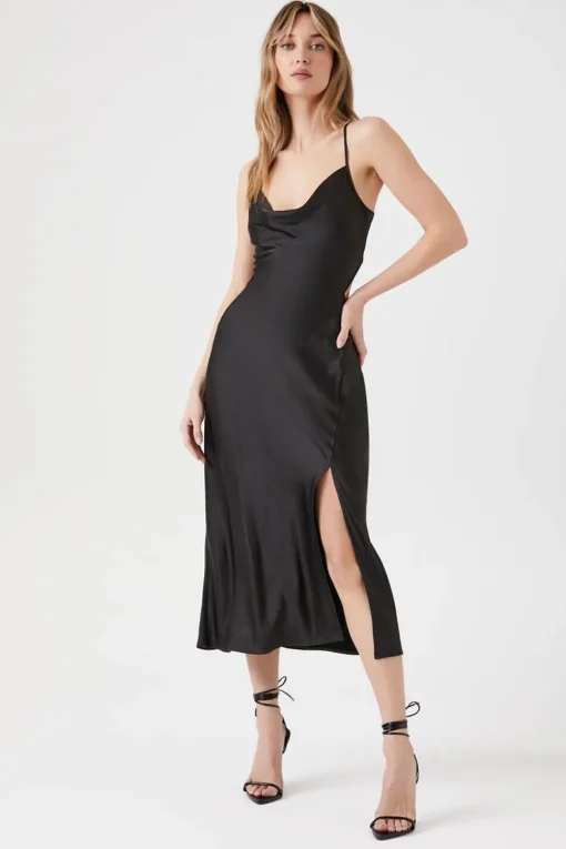 Satin Cowl Neck Midi Dress