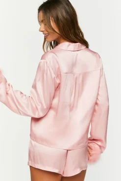 Satin Faux Fur-Trim Shirt & Shorts Pajama Set