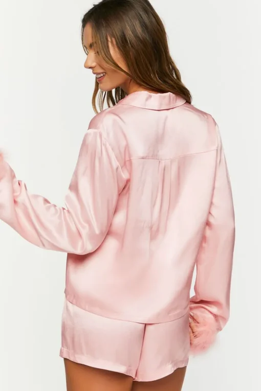 Satin Faux Fur-Trim Shirt & Shorts Pajama Set