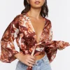 Satin Floral Print Tie-Front Top