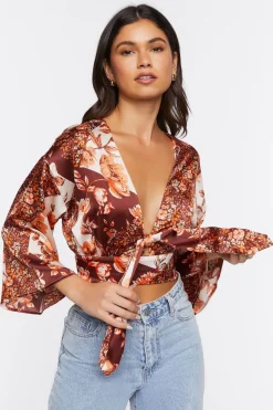 Satin Floral Print Tie-Front Top