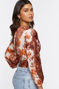 Satin Floral Print Tie-Front Top