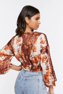 Satin Floral Print Tie-Front Top