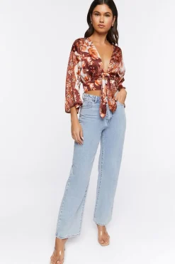Satin Floral Print Tie-Front Top