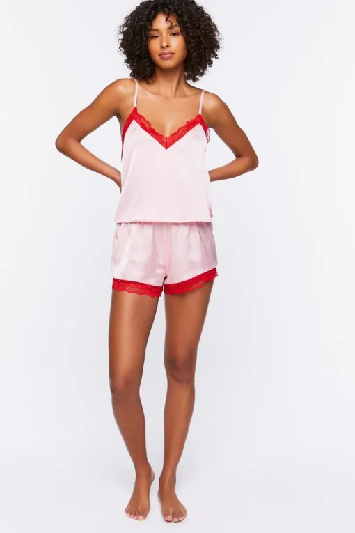 Satin Lace-Trim Cami & Shorts Pajama Set