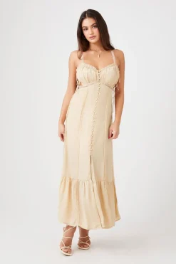 Satin Lace-Trim Cutout Midi Dress
