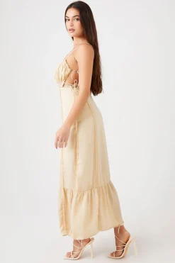 Satin Lace-Trim Cutout Midi Dress