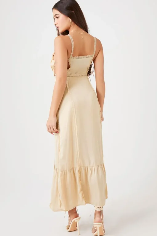 Satin Lace-Trim Cutout Midi Dress