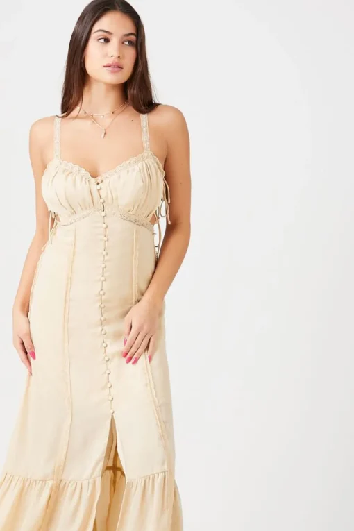 Satin Lace-Trim Cutout Midi Dress