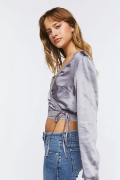 Satin Lace-Trim Wrap Crop Top