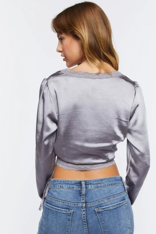 Satin Lace-Trim Wrap Crop Top