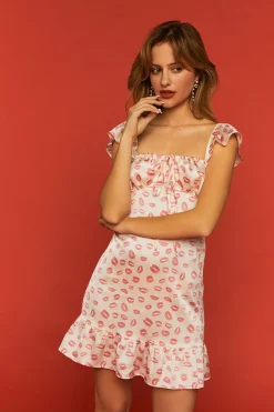 Satin Lip Print Mini Dress
