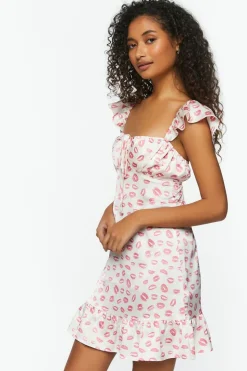 Satin Lip Print Mini Dress