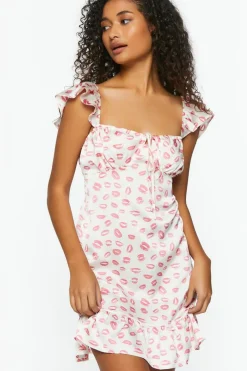 Satin Lip Print Mini Dress