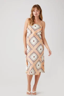 Satin Ornate Print Midi Dress