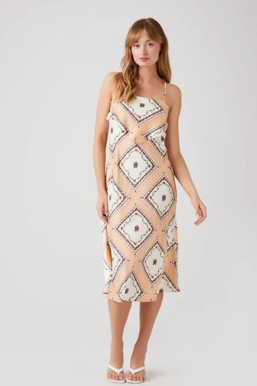 Satin Ornate Print Midi Dress