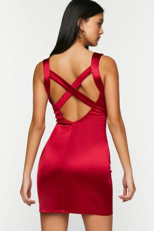 Satin Plunging Crisscross Mini Dress