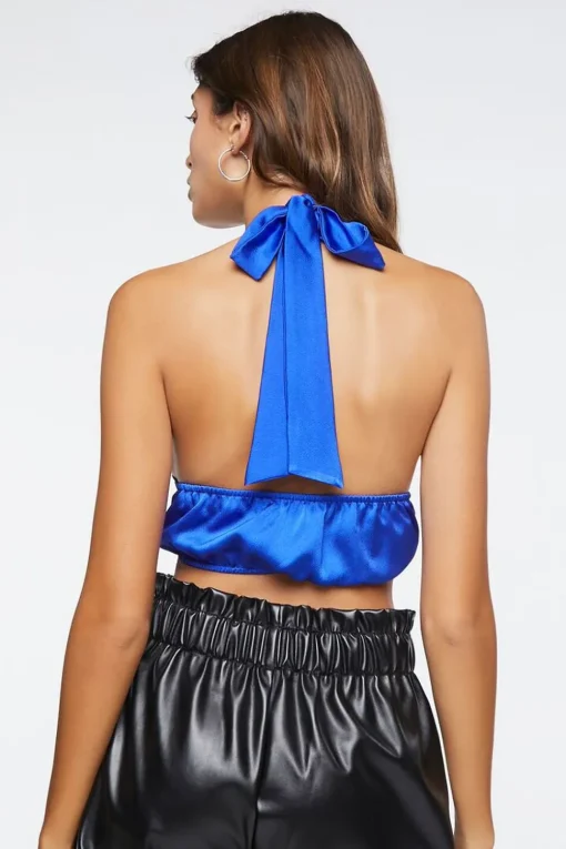 Satin Plunging Halter Crop Top
