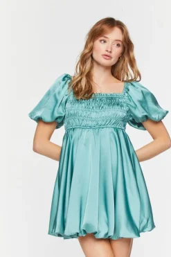 Satin Puff-Sleeve Babydoll Dress