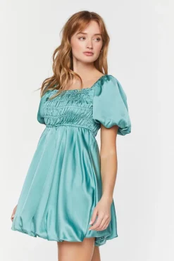 Satin Puff-Sleeve Babydoll Dress
