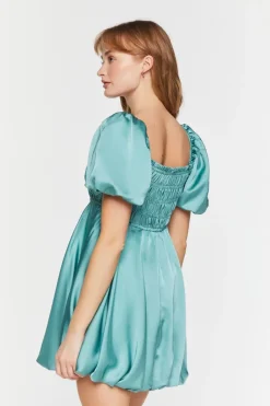 Satin Puff-Sleeve Babydoll Dress