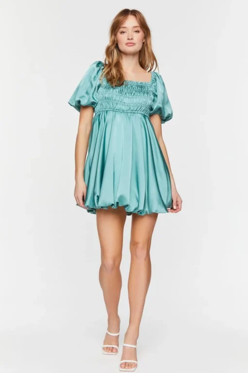 Satin Puff-Sleeve Babydoll Dress