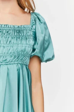 Satin Puff-Sleeve Babydoll Dress