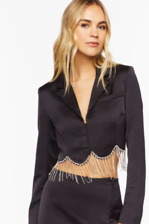 Satin Rhinestone Fringe Blazer