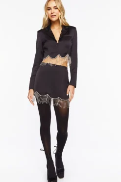 Satin Rhinestone Fringe Mini Skirt