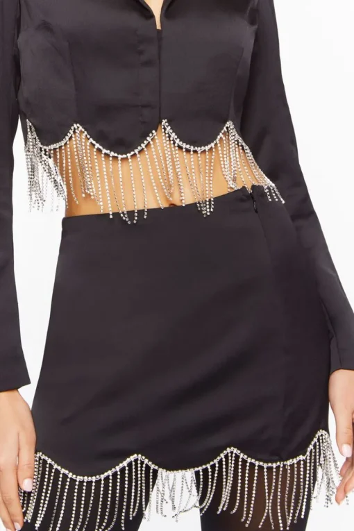 Satin Rhinestone Fringe Mini Skirt