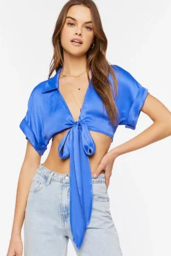 Satin Tie-Front Crop Top