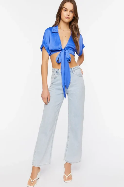 Satin Tie-Front Crop Top