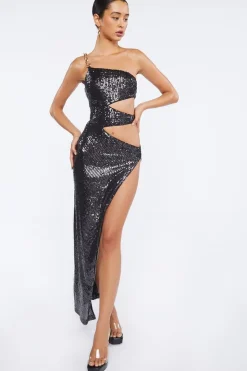 Sequin Cutout One-Shoulder Gown