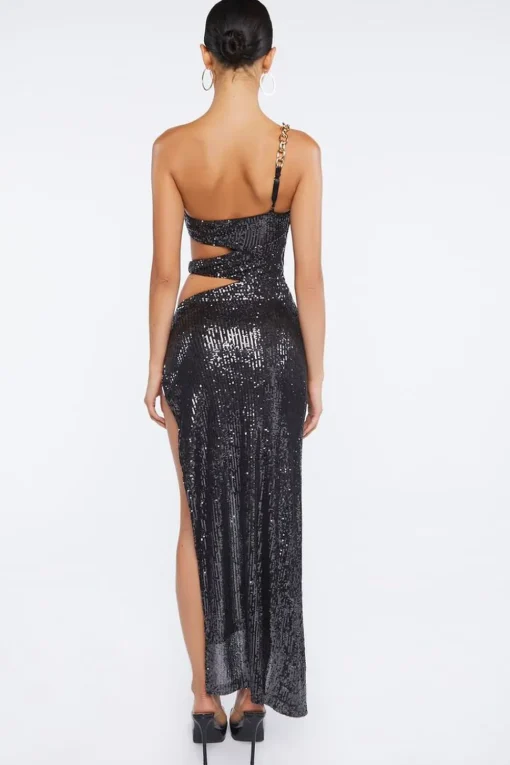 Sequin Cutout One-Shoulder Gown
