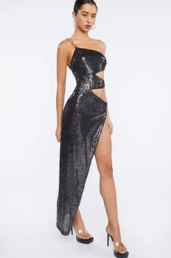 Sequin Cutout One-Shoulder Gown