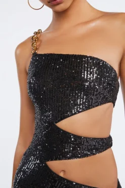 Sequin Cutout One-Shoulder Gown