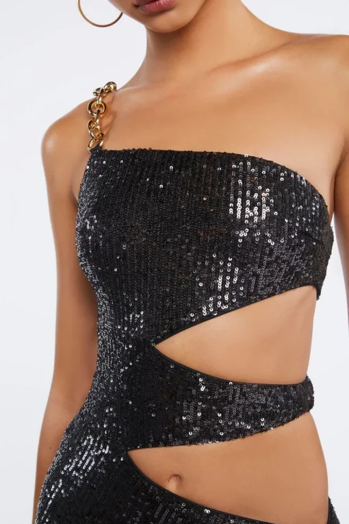 Sequin Cutout One-Shoulder Gown