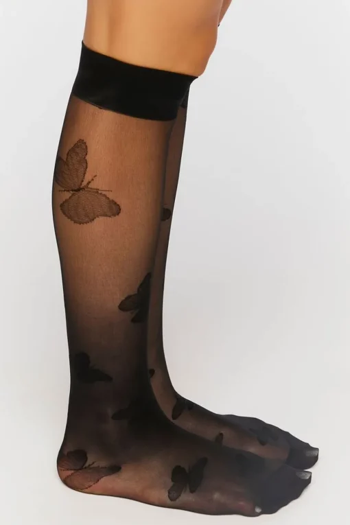 Sheer Butterfly Print Crew Socks