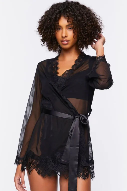 Sheer Lace-Trim Lingerie Robe
