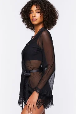 Sheer Lace-Trim Lingerie Robe