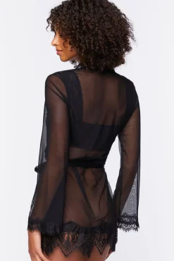 Sheer Lace-Trim Lingerie Robe