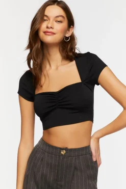 Shirred Cap-Sleeve Crop Top